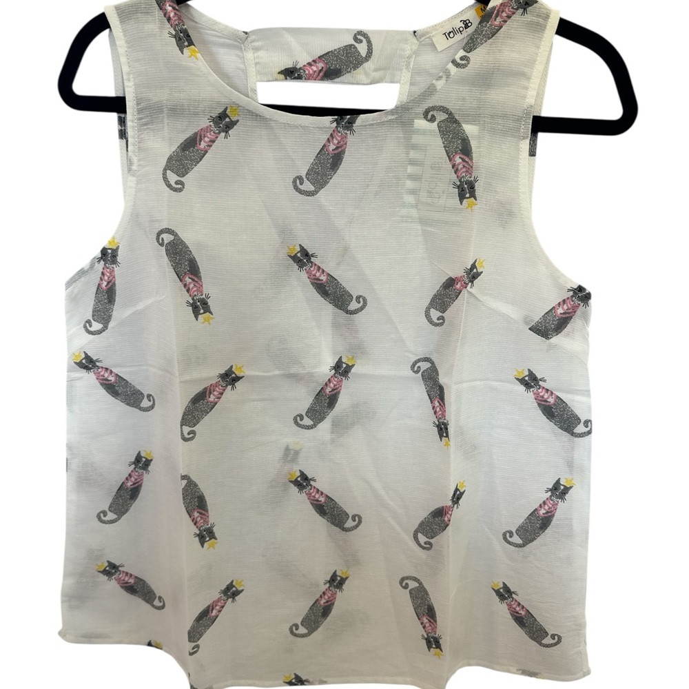 Girls White Sleeveless Cat Print Tank Top by ToBe